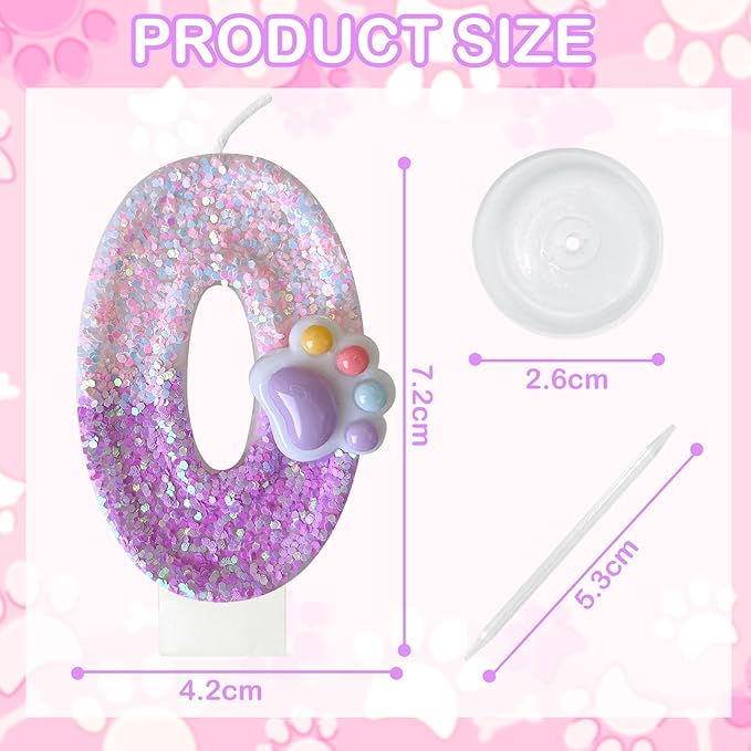 Pink Cat and Dog Paw Birthday Number Candles, Cupcake Decorations, Dog Theme Candles, Suitable for Party Celebrations, Birthday Decoration Supplies (Number 0)