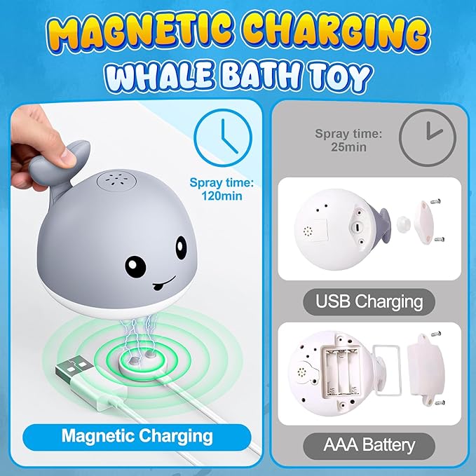 Original Magnetic Charging Whale Bath Toy, Light Up Baby Bath Toys for Kids Ages 1-3, Infant Baby Toy Bathtub Water Toy Sprinkler 1 2 3 Year Boys Girls Valentines Gifts Bath Toy 6-12-18 Months