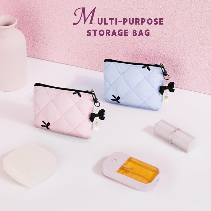 Mini Makeup Bag, Small Bow Tie Cosmetic Bag for Purse with Keychain, Portable XS Travel Makeup Pouch for Daily Use (Pink-Black Bow Tie)