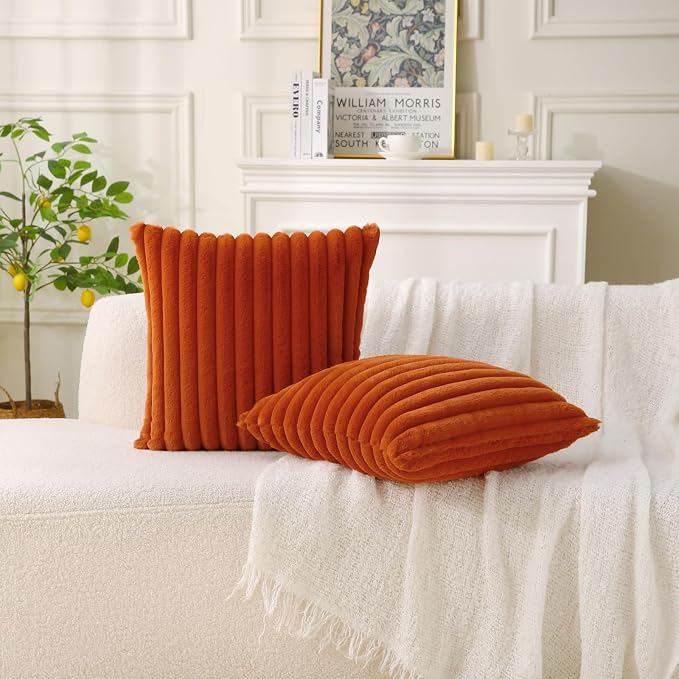 Decorative Throw Pillow with Inserts, Set of 2 Soft Faux Fur Throw Pillows, Square Boho Striped Pillow for Couch, Bed, Sofa Decor (Brownish-Orange, 18" x 18"(Pack of 2))