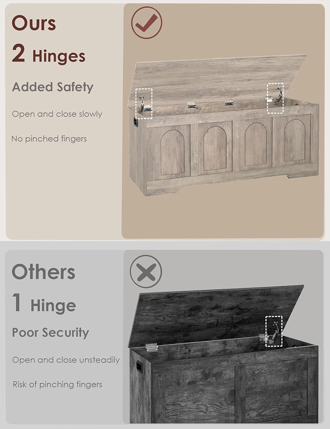 Storage Chest, Wooden Toy Box, Greige 47.2" L | Entryway Shoe Bench, 2 Soft-close Hinges, Finger-safe Flip-Top Lid, Easy Assembly, Farmhouse Large Trunk, Living Room/Bedroom