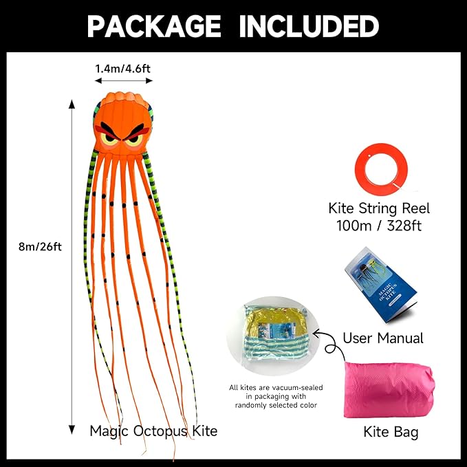 Kites for Adults Giant Octopus Kite 26ft for Outdoor Fun Large 3D Kite with Reel for Beach, Park, and Family Gatherings - Durable Design Easy to Fly