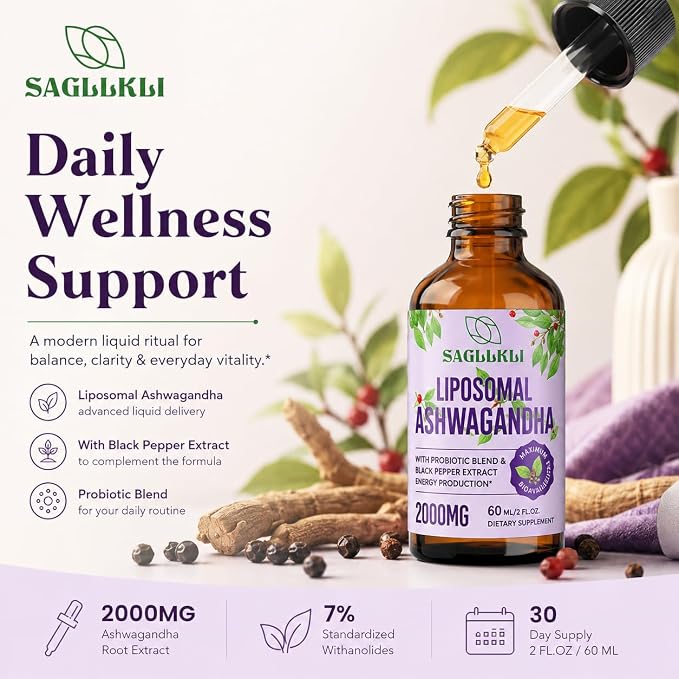 Liposomal Ashwagandha Liquid Drops 2000mg, Ashwagandha Root Extract Supplement (7% Withanolides) with Black Pepper Extract & Probiotics for Focus, Cognition & Energy - 2 FL.OZ (1 Bottle)