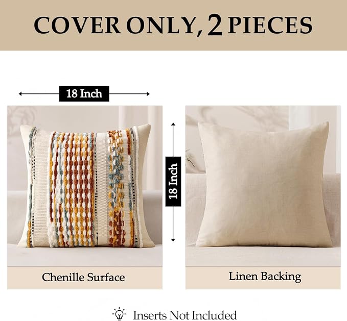 ANRODUO Boho Decorative Throw Pillow Covers Brown Stripe 18x18 Pack of 2 | Throw Pillow Covers, Farmhouse Cushion Case, Chenille Pillow Cases, Pillow Covers, Accent Neutral Pillowcase for Couch Bed