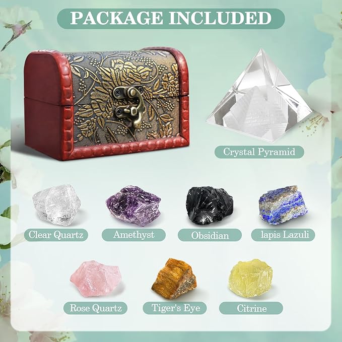 Crystals and Healing Stones, 21 Pcs Healing Crystals Set, 7 Chakra Crystal Stones Set Real Natural Raw Selenite Pyramid Reiki Energy Meditation Chakra Kit with Wooden Box, Crystal Gifts Set for Women