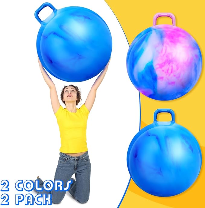 Lewtemi 2 Pcs 29 Inch Big Bouncing Ball with Handle Hopper Ball Jumping Hopping Ball Bouncy Ball for Adults Exercise Ball and Air Pump for Outdoor Sports Game (Gradient Blue, Blue Pink Cloud)