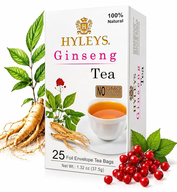 Hyleys Ginseng & Green Tea with Natural Guarana & Orange Flavor - Herbal Energy Tea - 25 Tea Bags