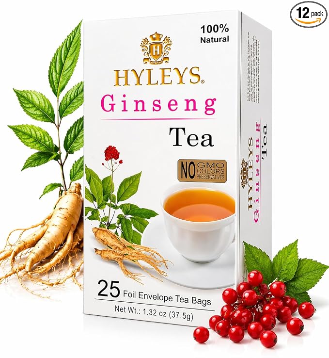 Hyleys Ginseng & Green Tea with Natural Guarana & Orange Flavor - Herbal Energy Tea - 25 Tea Bags (12 Pack - 300 Tea Bags Total)