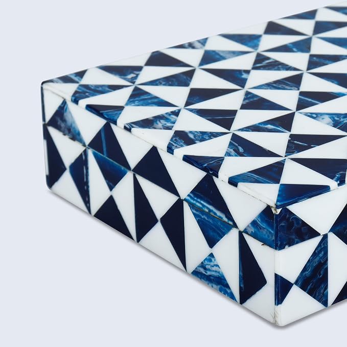 Handicrafts Home Blue and White Decorative Storage Box with Lid – Slim Decorative Storage Box, Handmade Resin Inlay Wooden Box, Remote Holder, Desk Organizer, Small Keepsake Box- 5x7x1.5