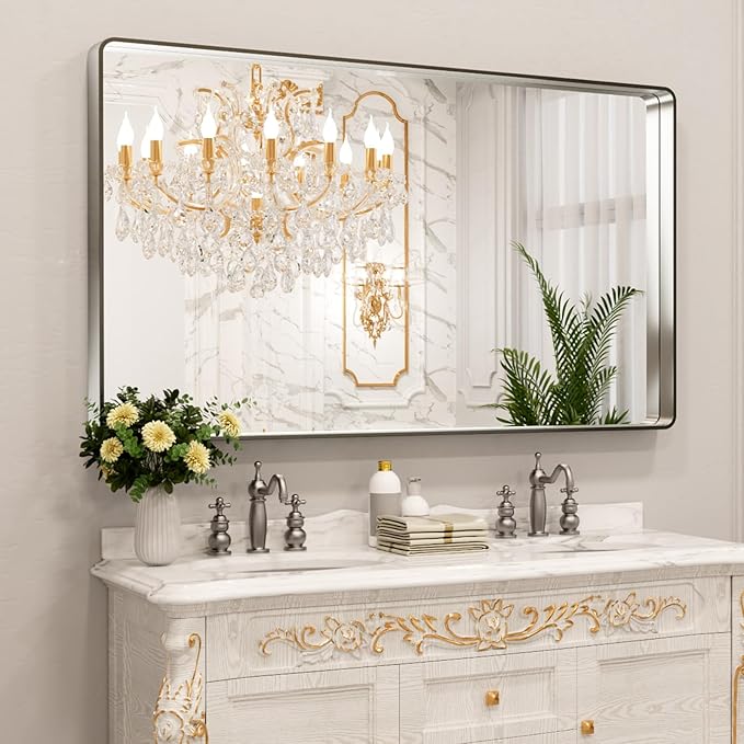 LOAAO 60X28 Inch Brushed Nickel Bathroom Mirror, Rounded Rectangle Silver Metal Frame Mirror, Brushed Nickel, Anti-Rust, Shatter Proof, Hangs Horizontally or Vertically | Rounded Rectangle, Silver Metal Frame, Anti-Rust, Tempered Glass, Hangs Horizonta...