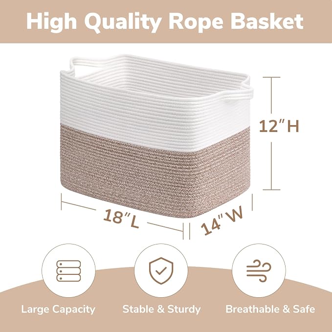 Goodpick 50L Large Woven Storage Basket, 18" x 14" x 12", Brown | Stylish Gift Basket for Home Decor, Cotton Rope Baskets for Toys & Clothes Storage, Living Room & Bedroom Organization