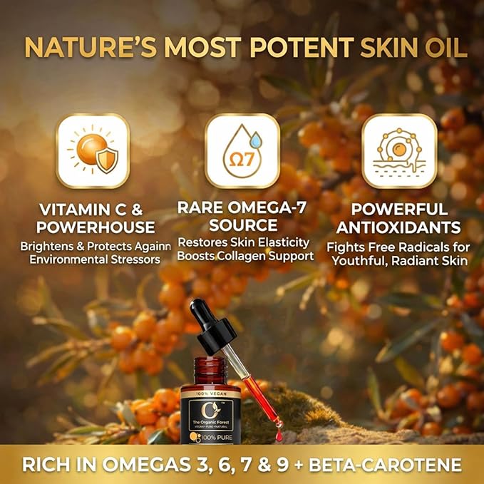 Organic Sea Buckthorn Oil Cold Pressed - 100% Pure Seabuckthorn Oil for Face, Skin & Hair | Anti-Aging, Acne & Dry Skin Care