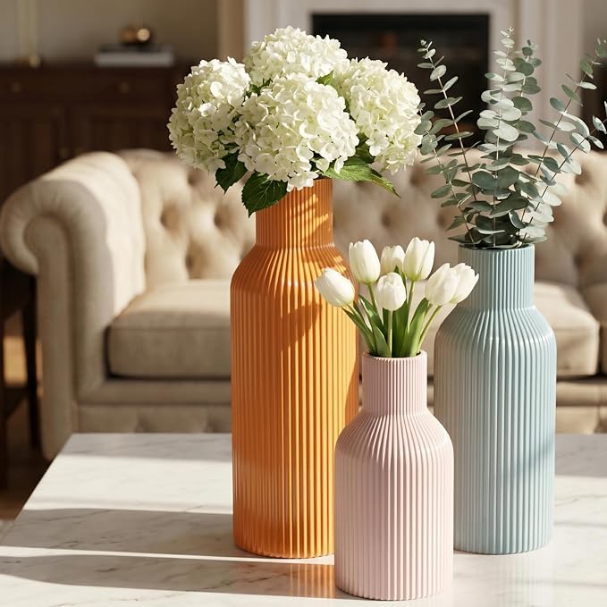 Colorful Ceramic Vases Set of 3, Smooth Round Vertical Ribbed,Minimalist for Pampas Dried & Fresh Flowers, Centerpiece for Living Room, Shelf, Entryway, Wedding(Pink, Blue, Orange)