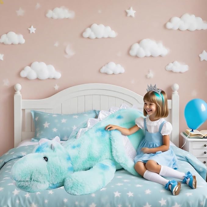 ARELUX Giant 52in 3Lb Big Colorful Green Dragon Large Stuffed Animals Cute Plush Toy Fuzzy Jumbo Dinosaur Pillow Plushies with Wings Cuddly Soft Green Pterosaur Plushie for Friends Family Member
