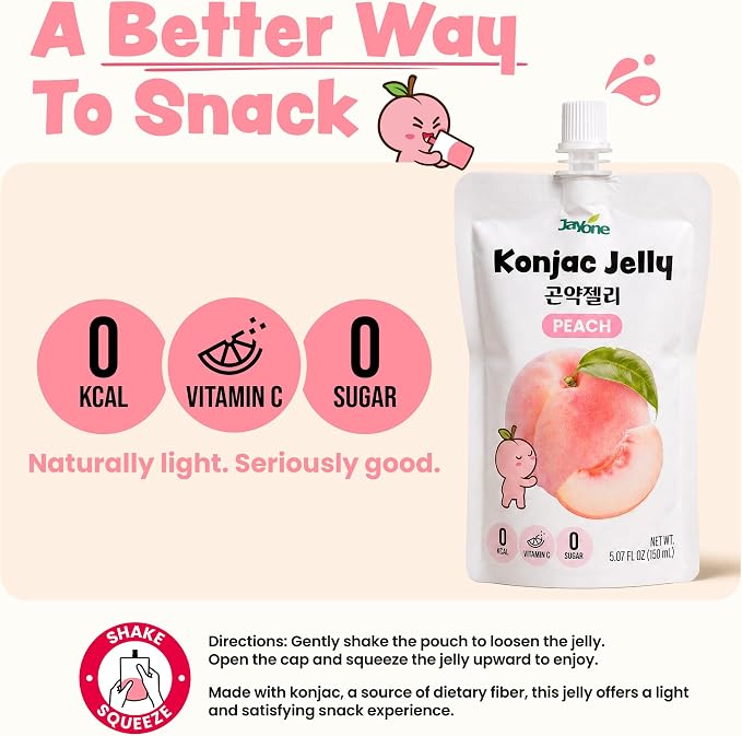 Jayone Drinkable Konjac Jelly Pouch - Peach Flavor, 10 Pack 5.07 fl oz Each - Zero Sugar, Only 7 Calories per Pouch, Halal, Made in Korea