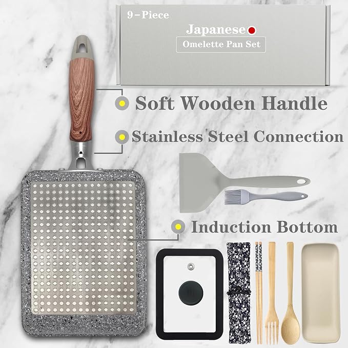 9Pcs Tamagoyaki Pan Set, Japanese Omelette Pan Nonstick with Lid, Square Japanese Egg Skillet Rectangle 7"x5" Grey