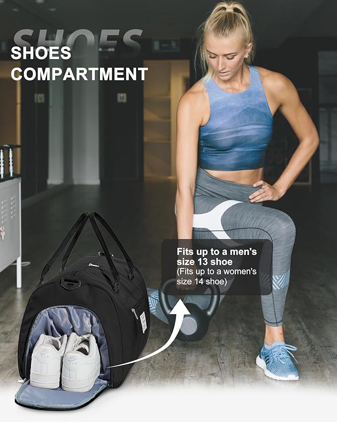 Gym Bag Womens Mens with Shoes Compartment Travel Duffel Bag for Women for Plane Sport Gym Tote Bags Swimming Yoga Weekend Overnight Carry on Bag Hospital Holdalls 4Pcs Set Black