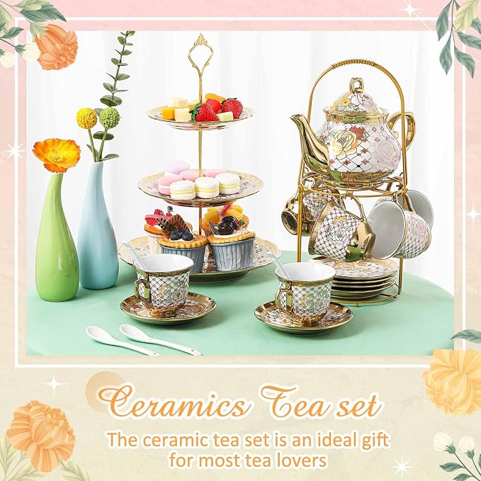 Maxcheck 21 Pcs Porcelain Tea Set for Women Tea Party with Metal Holder and 3 Tier Cake Stand Ceramic European Floral Teapot Set for Adults Mother's Day Christmas Thoughtful Gift(Stylish Style)