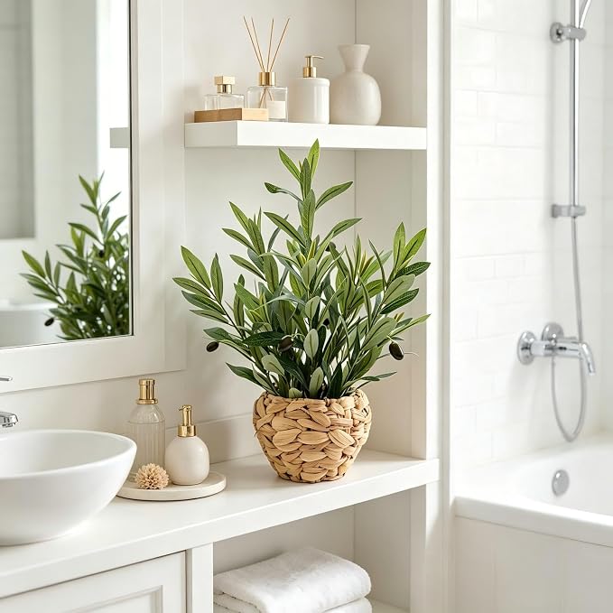 AlphaAcc Fake Potted Plant Small Olive Water Hyacinth Mediterranean Decor | 17.7" Realistic artificial olive branches natural hyacinth boho mediterranean rustic style ideal office desk shelf home decor