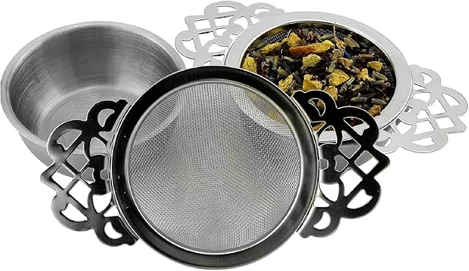 SOLSTICE TEA TRADERS Empress Tea Strainers with Drip Bowls (Pack of 2) Elegant Stainless Steel Loose Leaf Tea Strainers