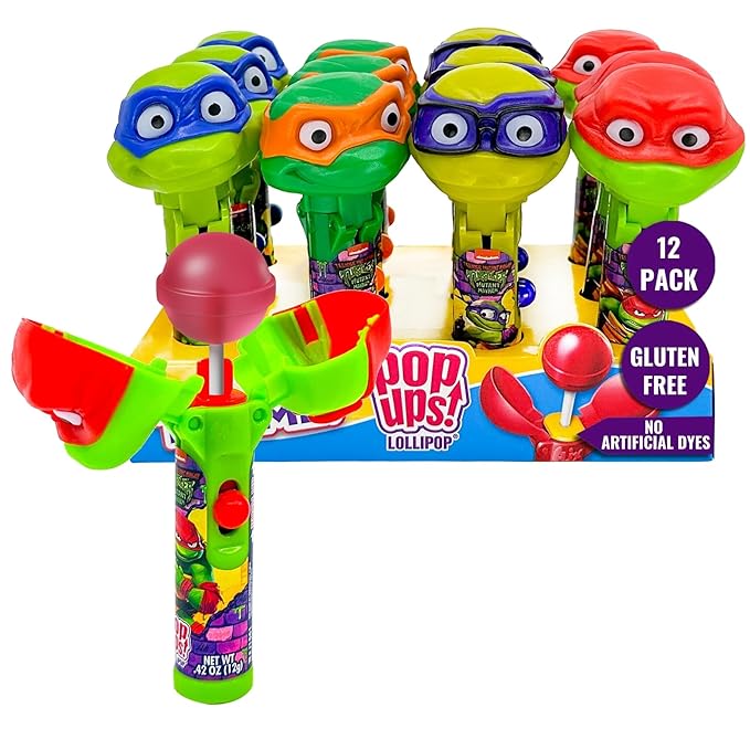 Pop Ups! Teenage Mutant Ninja Turtle Lollipop Holder - 12 Lollipops with Cases - Individually Wrapped Candy Party Favors, Stocking Stuffers - TMNT Candy - Bulk Set of 12