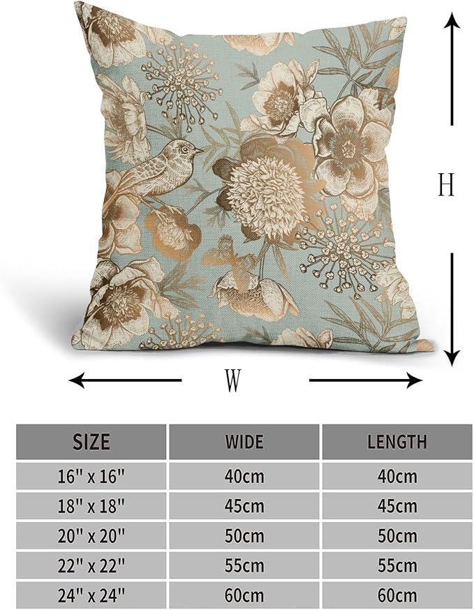 Vintage Floral Pillow Covers 20X20 Inch Set of 2 Rose Gold Flowers Bird Butterfly Decorative Pillow Cases Blue Brown Cotton Linen Cushion Case Farmhouse Home Decor for Sofa Couch Living Room