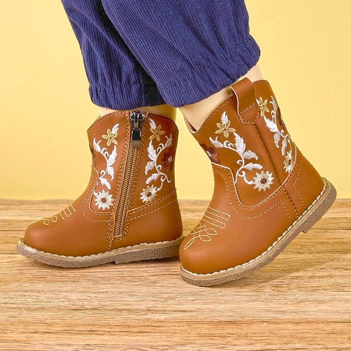 Newsonet Baby Cowboy Cowgirl Boots Infant Western Boots Toddler Boys Girls Round Toe Riding Mid Calf Boots All Seasons for 6 9 12 18 24 Months