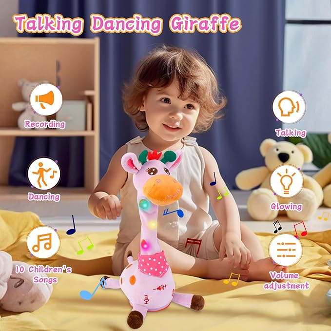 LUKETURE Purple Musical Talking Dancing Giraffe Plush Toy, Talking Baby Toy with Lights, 10 Songs and Voice Repeat, Soft Sensory Gift