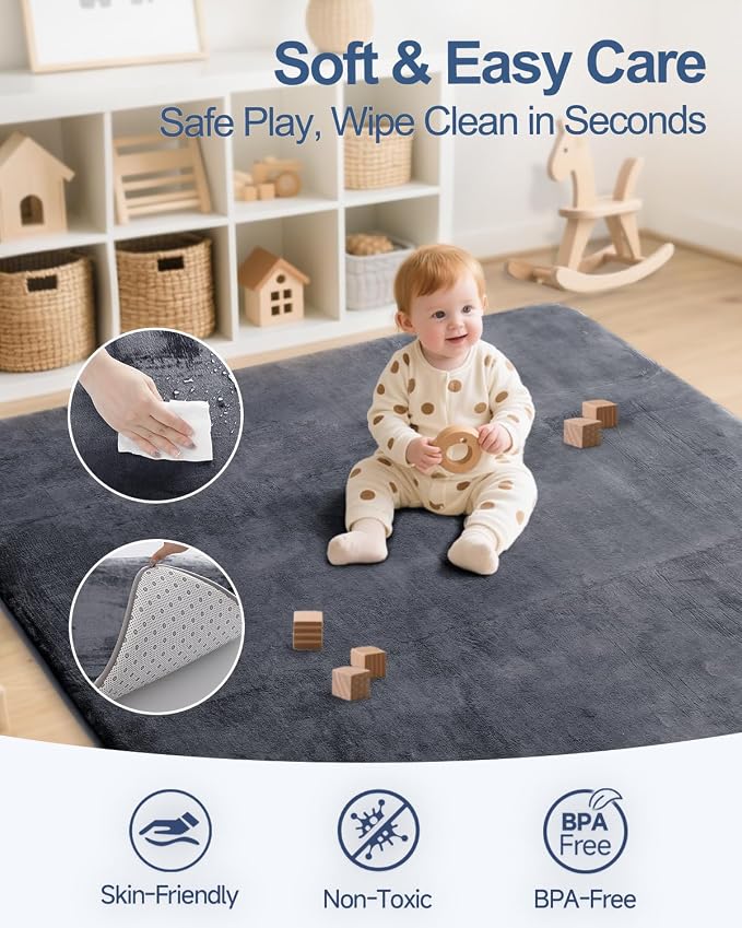 Thick Baby Play Mat for Floor,59 x 71 Playpen Mat,Large Tummy Time Foam Mats,Soft Surface & Plush Feel Nursery Rug,Easy Care with Non-Slip Cushioned for Infant,Kids and Toddler Crawling,Dark Grey
