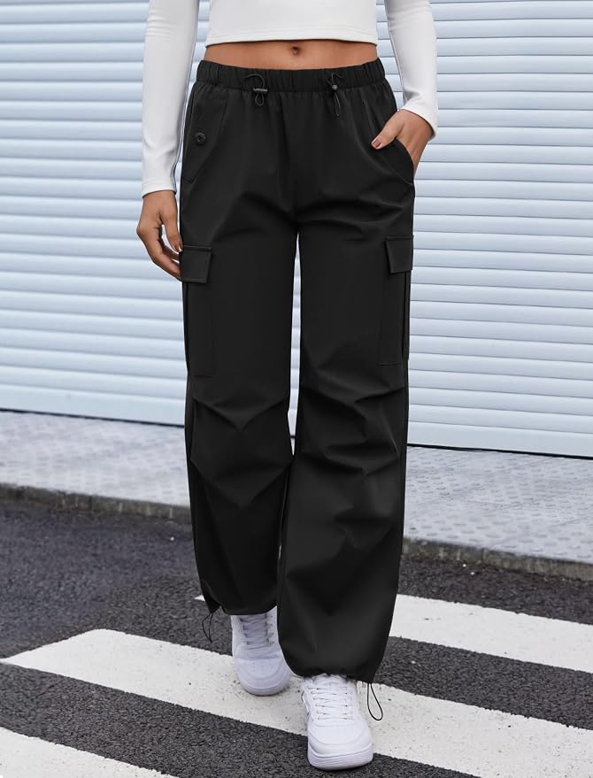 COPYLEAF Cargo Pants Women Elastic Waisted Parachute Hiking Pants with Pockets Water-Resistant Lightweight Baggy Pants