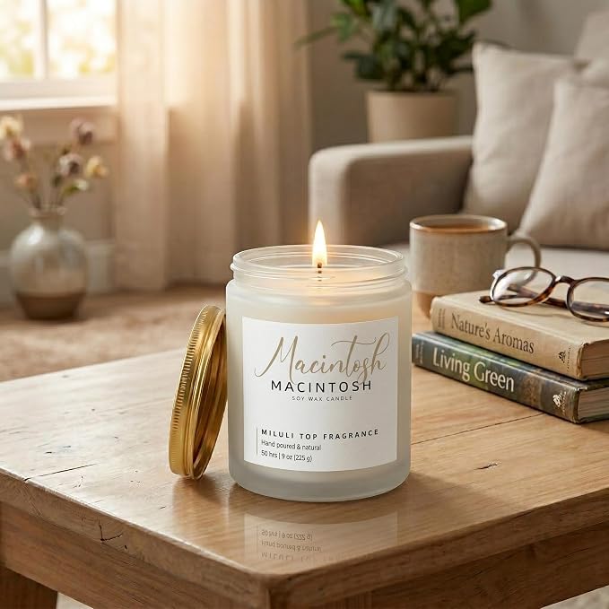 Macintosh Scented Candles for Home - 15% Essential Oil Luxury Aromatherapy - Handmade Natural Soy Wax Candle for Stress Relief & Relaxation - 9oz Frosted White Jar, 50H Clean & Non-Toxic Burn