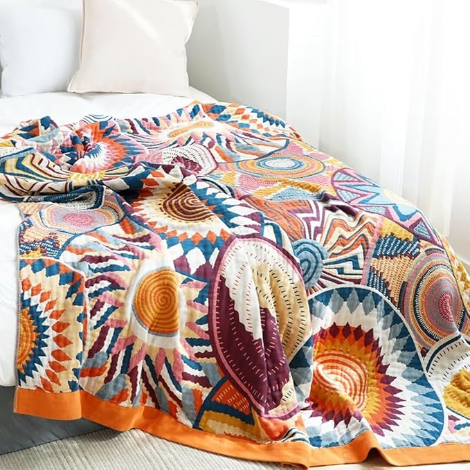 Boho Throw Blanket for Bed 100% Cotton Bohemian Blankets Ultra Soft Woven Muslin Decorative Blankets All Seasons Vintage Quilt Knitted Blanket for Sofa Chair (Colorful, 60"x80")