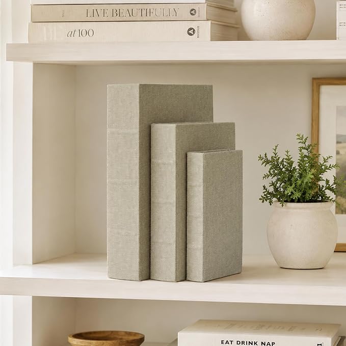 Decorative Book Boxes Set of 3,Modern Faux Linen Hidden Storage, Warm Taupe | For Coffee Table – Stackable Fake Books for Shelf Decor, Remote Control & Jewelry Organizer