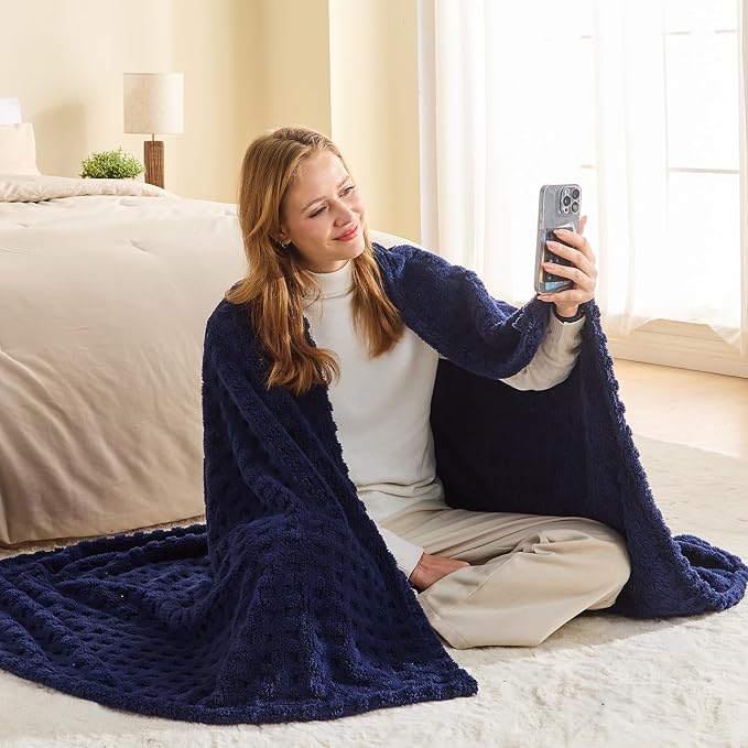 NEWCOSPLAY 3D Waffle Checkered Flannel Throw Blanket, Dark Navy, 50"x70" | Super Soft Cute Lightweight Decorative Premium Silky Fleece Blanket for Couch Sofa Bed, Gift for Women Men, All Season Use