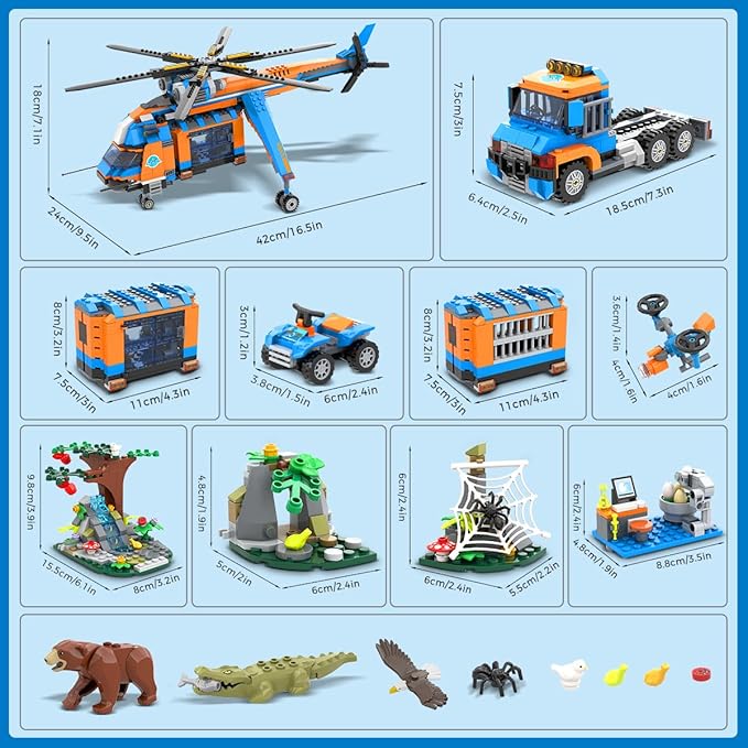 CUBIMANA City Jungle Adventurer Helicopter Building Toys - 1356PCS Forest Truck Adventure Building Set with Car Crocodile Brown Bear Wildlife Rescue Blocks Playset Easter Gift for Kids Boys 6+