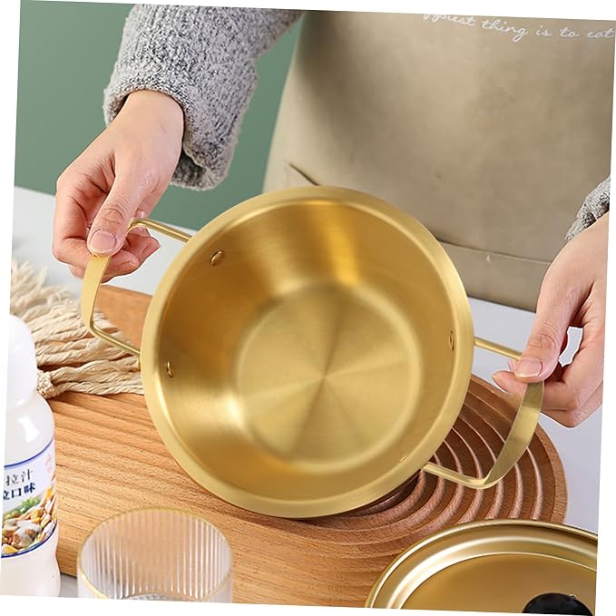 Zerodeko 1set Stainless Steel Double-handle Instant Noodle Pot for Soup and Ramen Korean Style Cooking Utensil Lid for Home Office and Camping Use