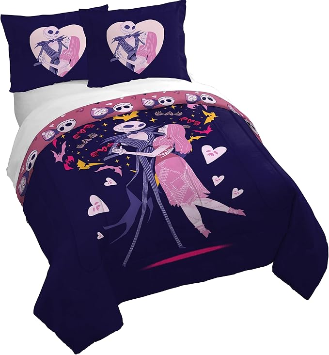 Jay Franco Duvet Cover Set – 3 Piece Comforter Cover and Sham Set, Super Soft Cozy Kids Bedding (Insert Not Included) Purple - Nightmare Before Christmas, Full