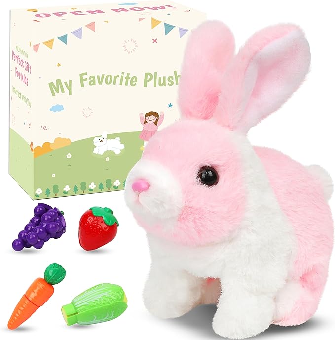 Easfan Hopping Bunny Interactive Pet Plush Bunny Toy Set with Sounds and Movements Rabbit Ears Moving Educational Plush Easter Birthday Gifts for Kids Girls, 7'',White-Pink