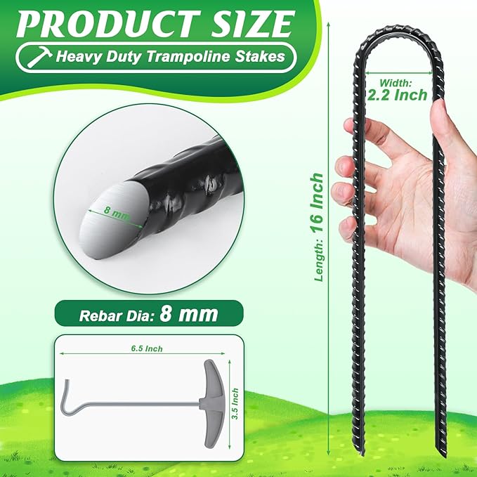 Gtongoko Trampoline Stakes, Trampoline Accessories, Ground Stakes Heavy Duty with T Hook, Ground Anchors, Rebar Stakes, High Wind Tent Anchors, Galvanized Steel, U Shaped, Black