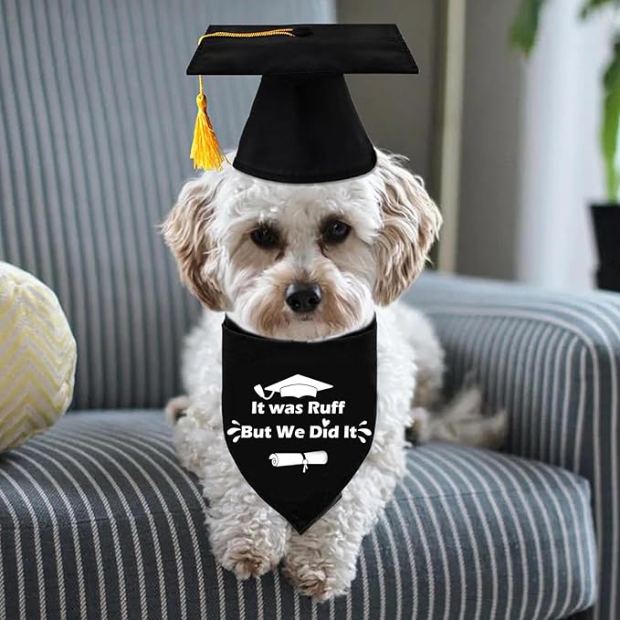 2025 Dog Graduation Cap and Gown with Gold Tassels Dog Graduation Outfits Gifts Graduation Bandana for Small Medium Large Dogs (It was Ruff, but we did it Bandana)
