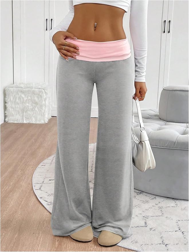 SOLY HUX Women's Sweatpants Color Block Low Rise Fold Over Waist Baggy Wide Leg Pants