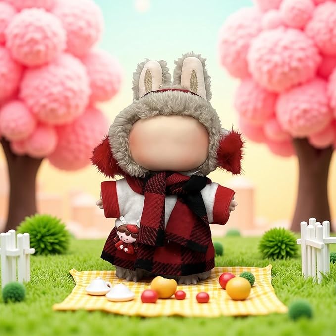 Winter 17cm Doll Clothes(NO Doll), Cute Christmas Red Grid Dolls Outfit Accessories with Headwear+Top+Skirt+Scarf Clothes Set for Dolls Christmas Clothes Set