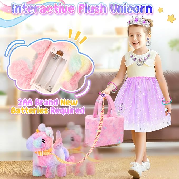 Tagitary Interactive Unicorn Plush Toy with Glowing Horns, Walking Pony Realistic Stuffed Unicorn with Kids Dress Up & Pretend Princess Jewelry Toys,Christmas Birthday Gift Party Favors for Toddlers