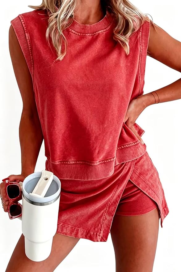 Women 2pc Mineral Wash Athletic Lounge Tank Skirt Set | Soft mineral wash cotton,Breathable.Relaxed lined split skirt.Ideal for travel,lounge,gym,workout casual daily wear