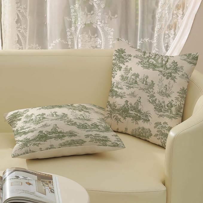 French Country Pillow Covers 18x18 Set of 2 Vintage Sage Green Throw Pillows French Country Outdoor Decorative Pillowcase Retro Rustic Linen Decor Farmhouse Cushion Case for Couch Bed Sofa