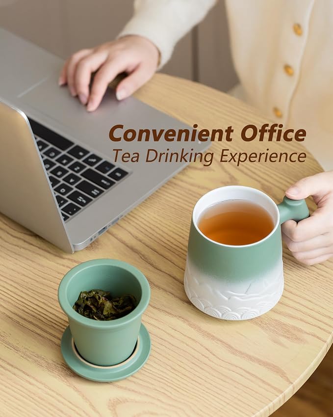 ZENS 16.9 oz Embossed Ceramic Tea Mug with Infuser and Lid, Loose Leaf Steeper, Wood Handle, Matte Glazed, Gift for Tea Lovers