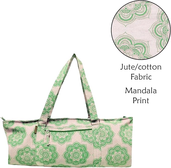 Yoga Mat Bag for Women, Cotton & Jute Storage Bag with Mandala Print, Large Multi-Functional Yoga Bag with Zipper Pocket, Mat Carrier Bag, Fitness Mat Holder for Yoga, Studio, Workout (29x8x12)