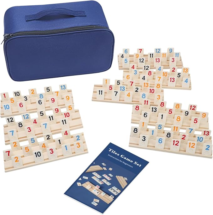 Rummy Cube 6-8 Player Edition with 8 Wooden Holders, 214 Large Numbers Rummy Tiles Set with Carrying Bag, Rummy Travel Game Set with 8 Tiles Racks