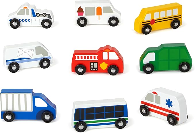 Melissa & Doug Wooden Town Vehicles Set in Wooden Tray (9 pcs)