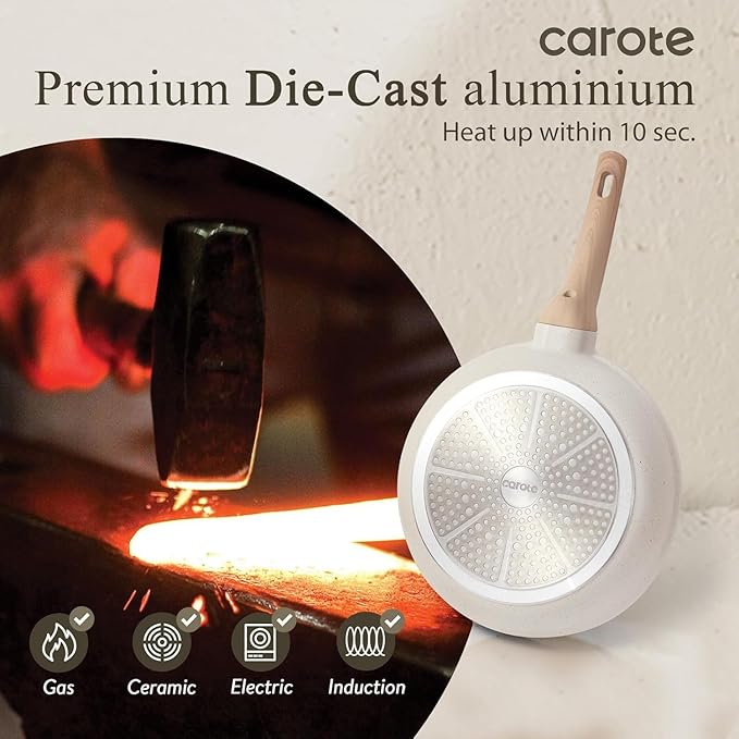 CAROTE 12 Inch Non Stick Frying Pan, Cream White Granite Skillet | Kitchen Healthy Non Toxic Stone Cookware, Induction Compatible, Dishwasher & Oven Safe, PFOA Free